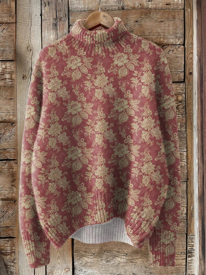 Rose | Rollkragenpullover mit Retro-Rosenmuster