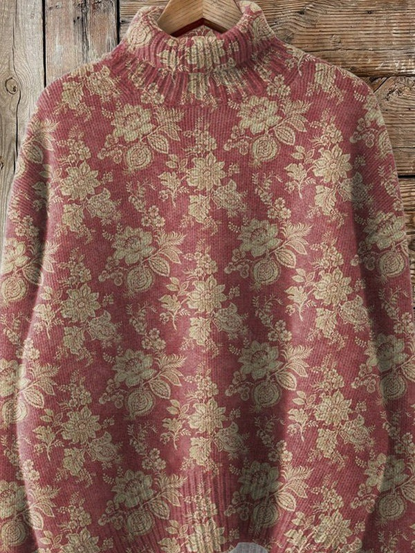 Rose | Rollkragenpullover mit Retro-Rosenmuster