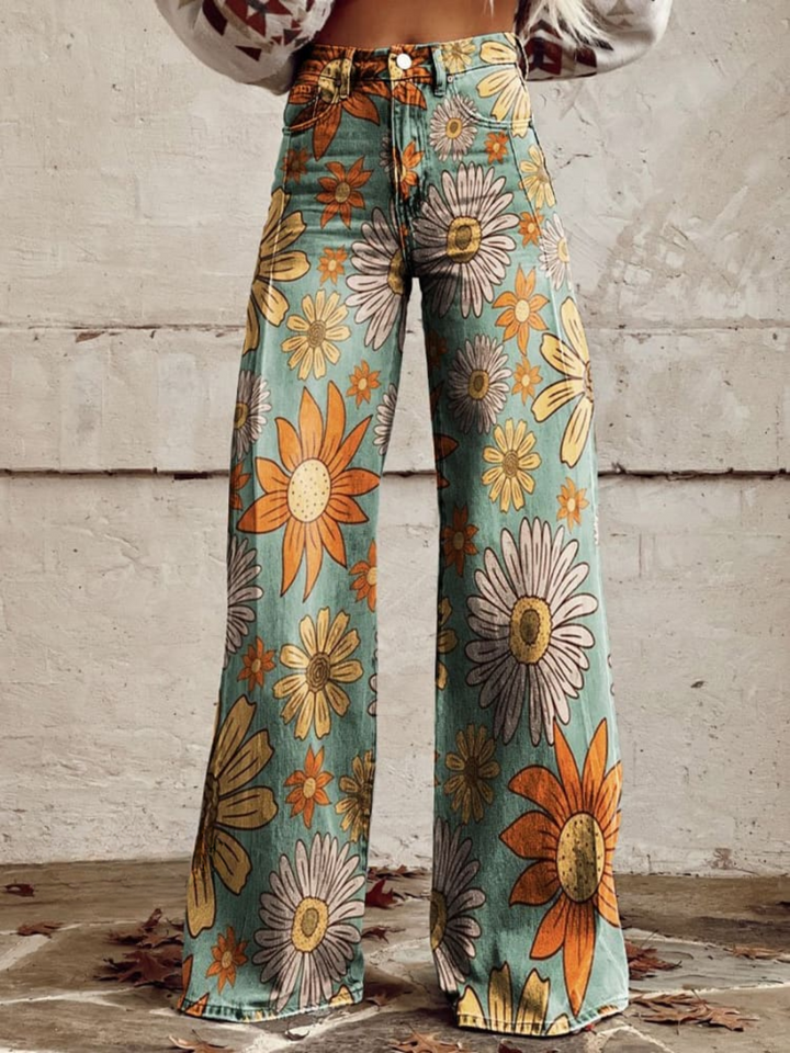CIRILLA | SPODNIE PALAZZO Z WZOREM W STYLU VINTAGE