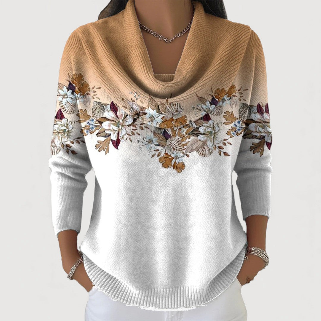 Natalia™ | Damski sweter z kwiatowym wzorem i opadającym kołnierzem