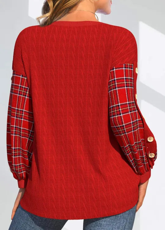 Ida | Roter Pullover mit karierten Ärmeln