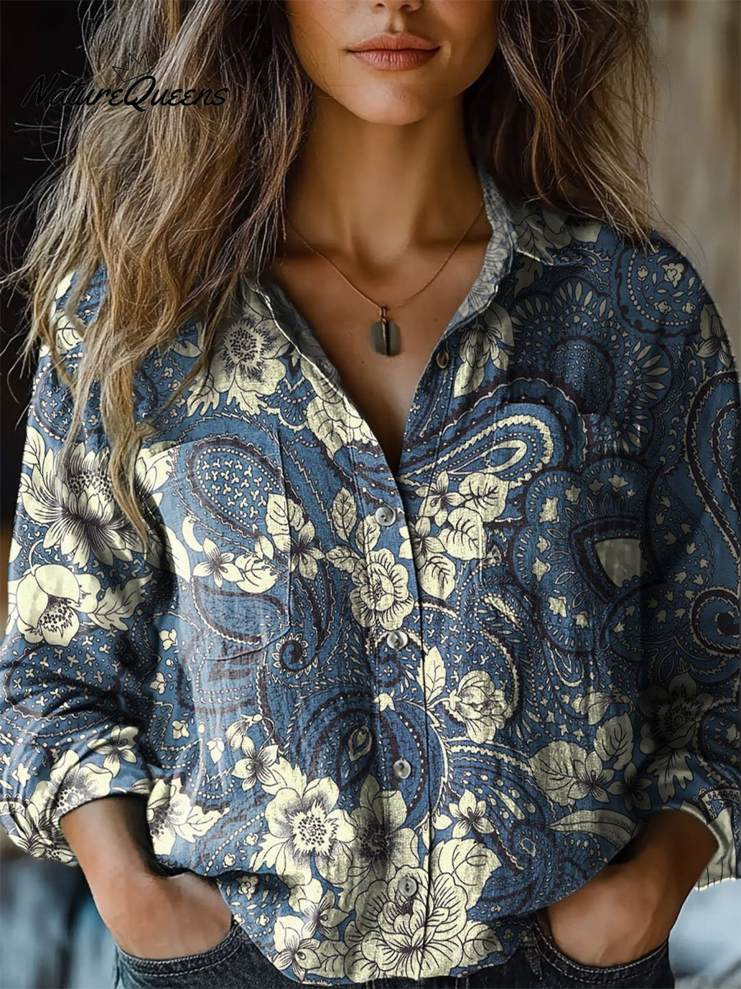Damenbluse mit bequemem Baumwollstoff im Paisley-Muster, langärmlig