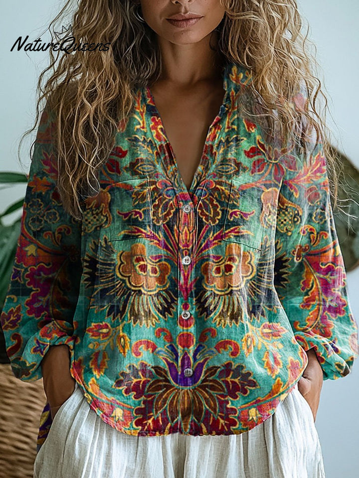 Koszula damska w stylu vintage z uroczym kwiatowym nadrukiem, casualowa, z długim rękawem, wygodna, bawełniana